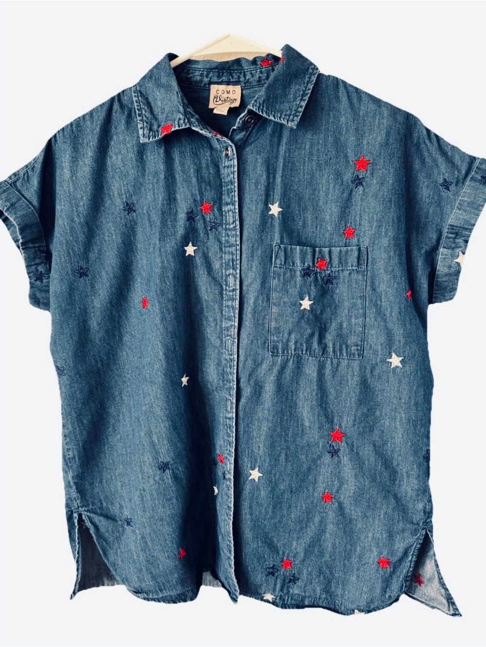Como Vintage Blue Denim Shirt with Red, White, and Navy Star Embroidery